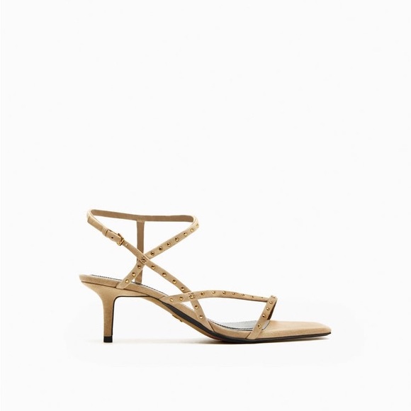 Zara Sandy Brown Studded Heeled Suede Sandals - Picture 5 of 9